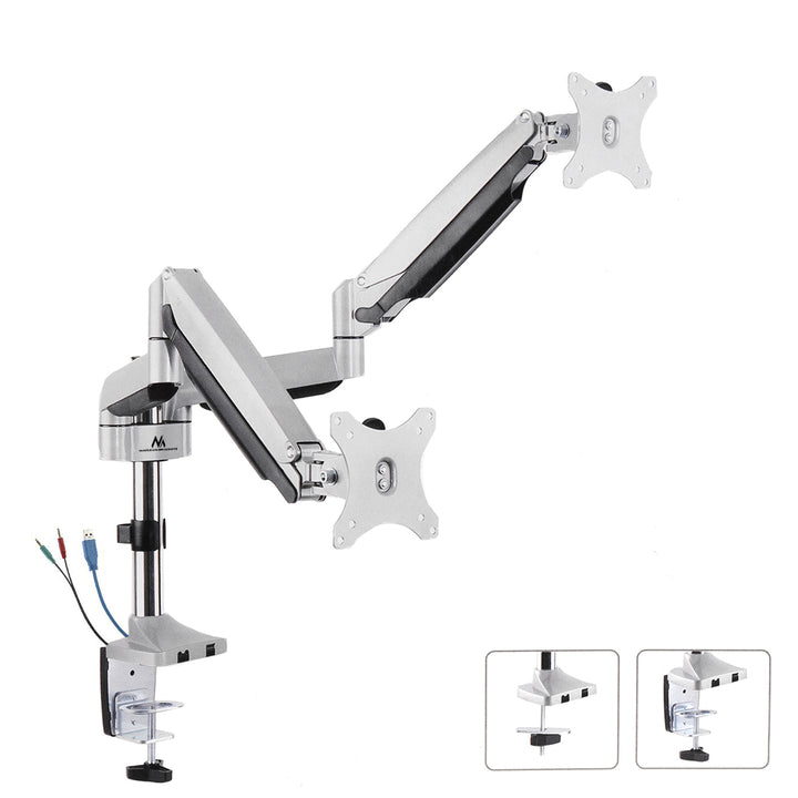 Maclean MC-766 Monitor Bracket Desk Mount Holder For 2 LCD LED Monitors Double Arm 13" - 32" VESA USB