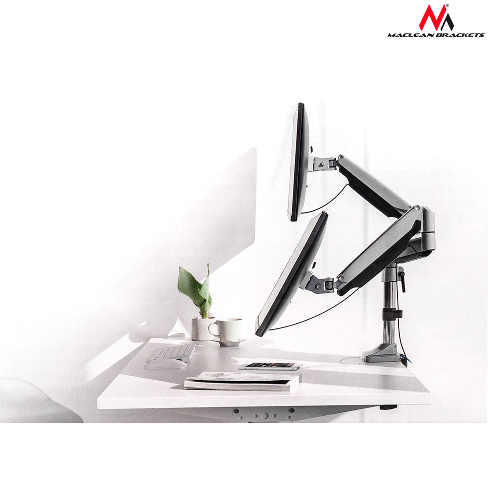 Maclean MC-766 Monitor Bracket Desk Mount Holder For 2 LCD LED Monitors Double Arm 13" - 32" VESA USB