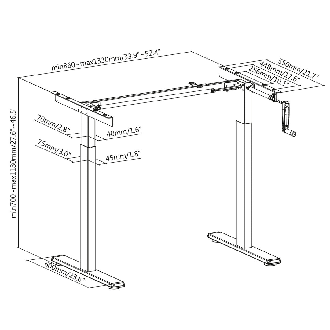 Maclean desk, manual height adjustment, without top, for standing and sitting work, max 60kg, max height 120cm, MC-790NG