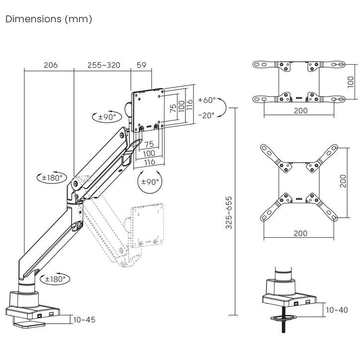 Maclean MC-968 Double Arm Monitor Mount with Gas Spring 17-57" 27 kg Heavy Duty Sturdy Full Motion Holder Bracket Max VESA 200x200