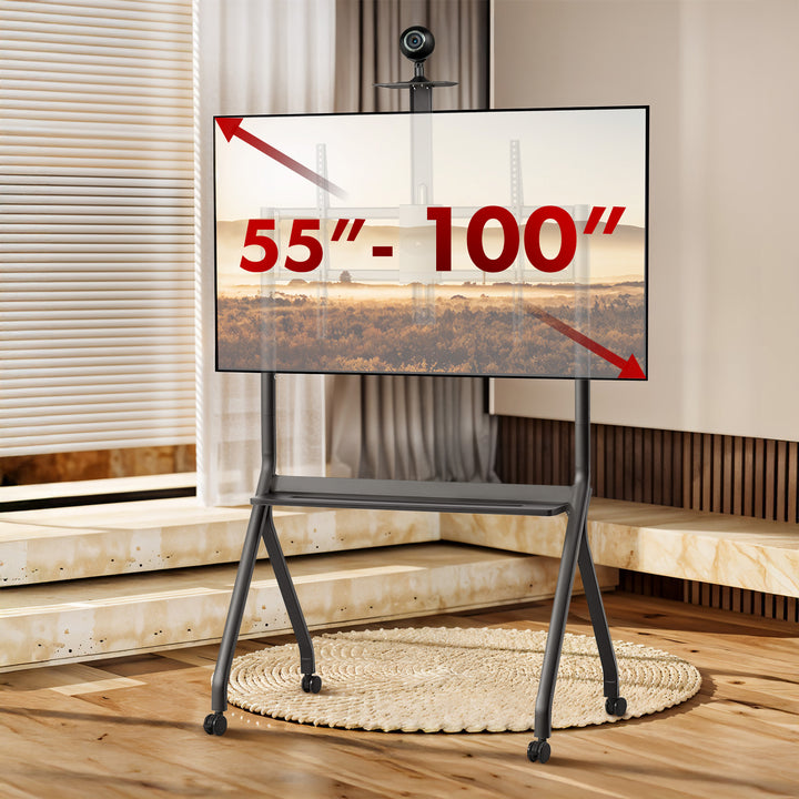 Maclean TV stand / cart, camera shelf, on casters, 55-100", max load 120kg/10kg shelf, max. VESA 900x600, black, MC-114 B