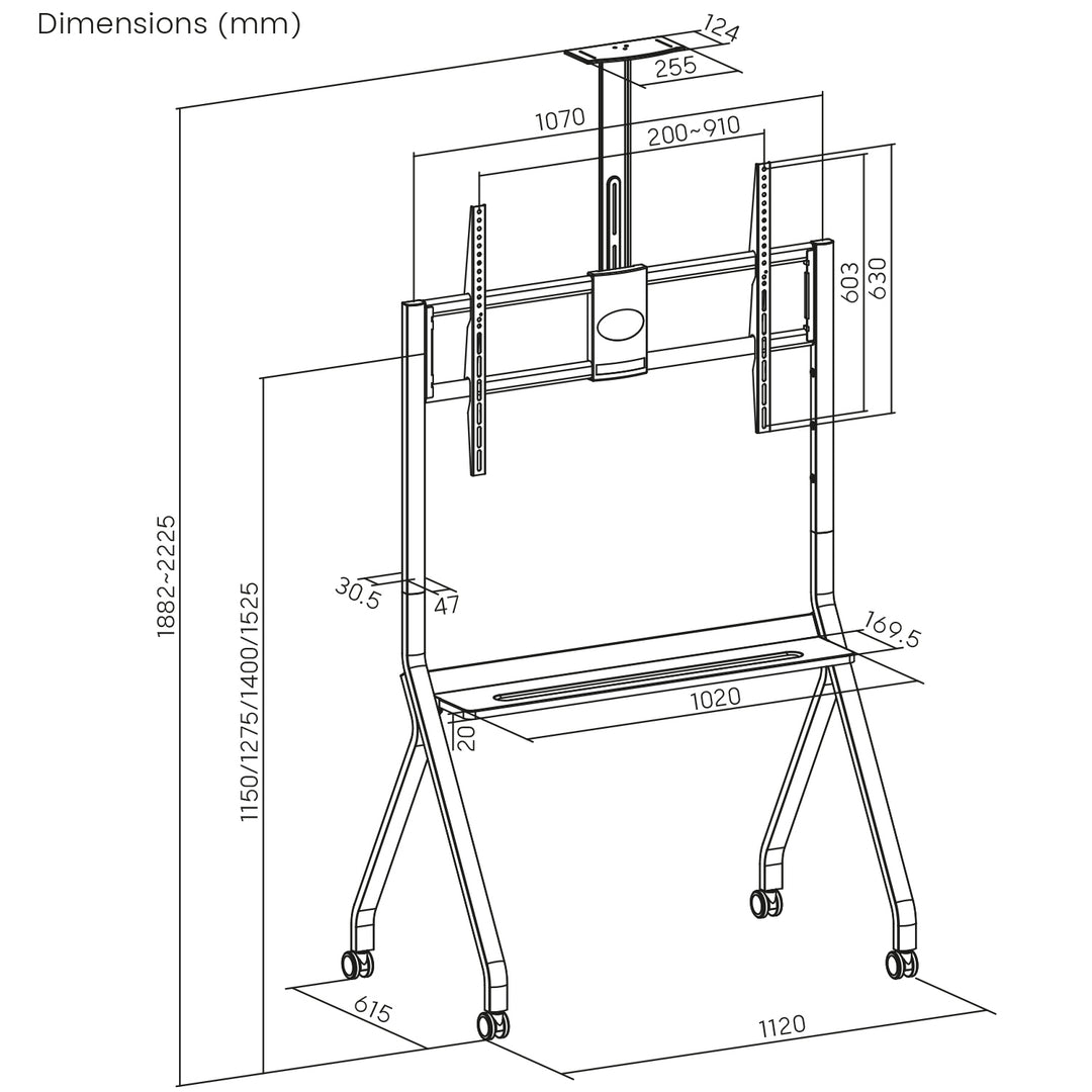 Maclean TV stand / cart, camera shelf, on casters, 55-100", max load 120kg/10kg shelf, max. VESA 900x600, white, MC-114 W
