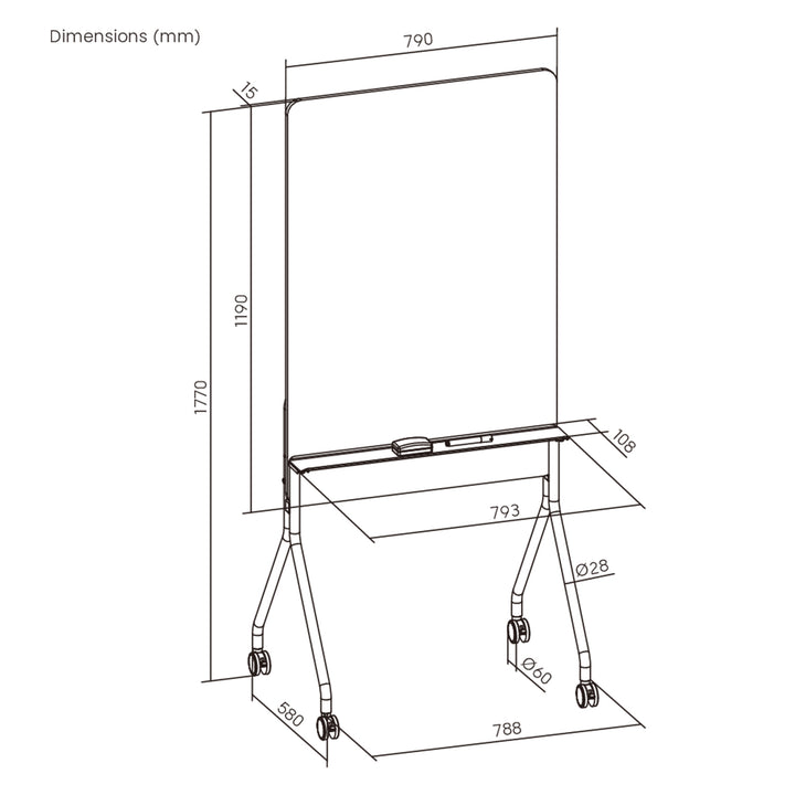 Ergo Office mobile dry erase board, vertical orientation, white, single sided, with shelf, board dimensions 1190x790mm, ER-305