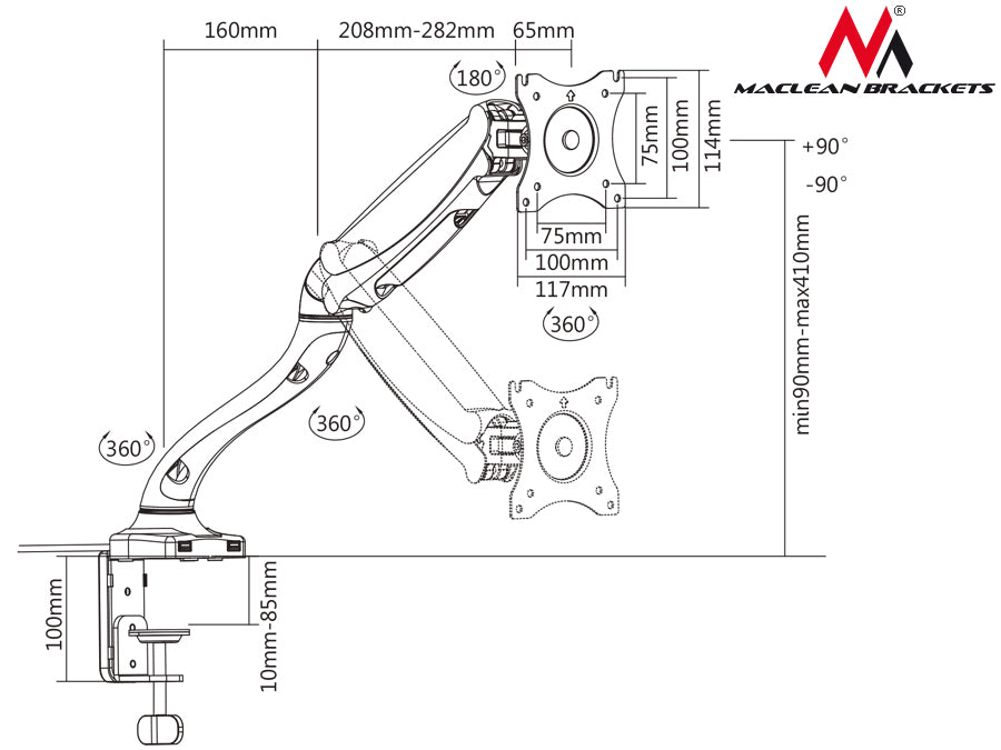 Maclean - MC-673 Tischmonitorarmhalterung 13-27" 360° USB