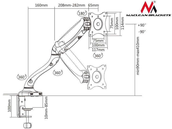 Maclean - MC-673 Tafelmonitorarmbevestiging 13-27" 360° USB