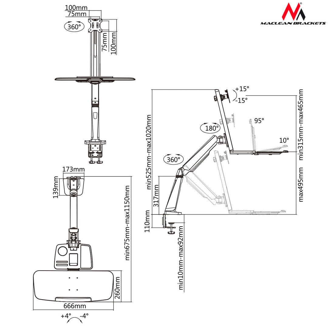 Maclean MC-728 Tafelondersteuning voor computer, monitor, toetsenbord, ondersteuningstafel, 360 °, draaibare houder