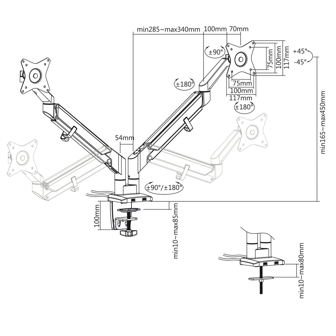 Ergo Office ER-406G Beugel voor 2 Monitoren Houder 2x USB 3.0 VESA Swivel Tilt Rotate 17" naar 32"