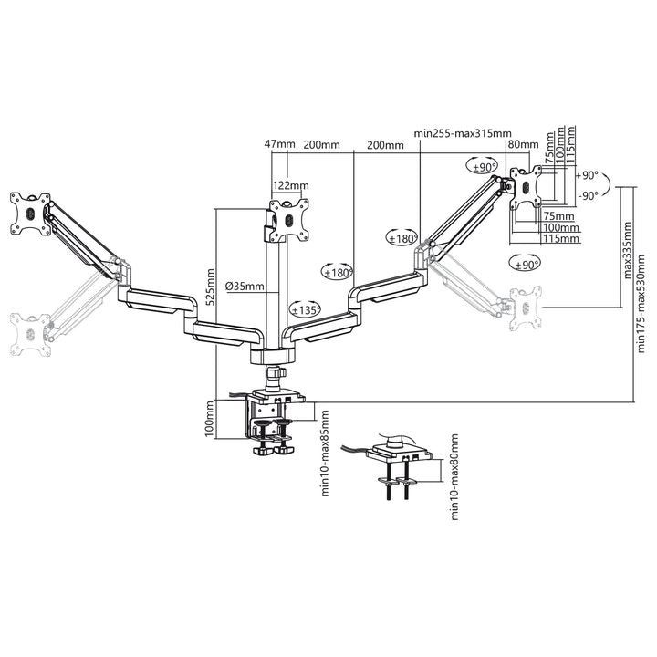 Ergo Office ER-408G Dreifach-Halterung für 3 Monitore, Tischhalterung, verstellbar, schwenkbar, neigbar, drehbar, 13" - 30"