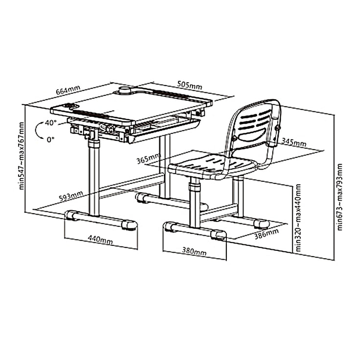 Ergo Office ER-418 Kids Höhenverstellbarer ergonomischer Schreibtisch mit Stuhlset max. 75kg Manuelle Einstellung Neigung 40°