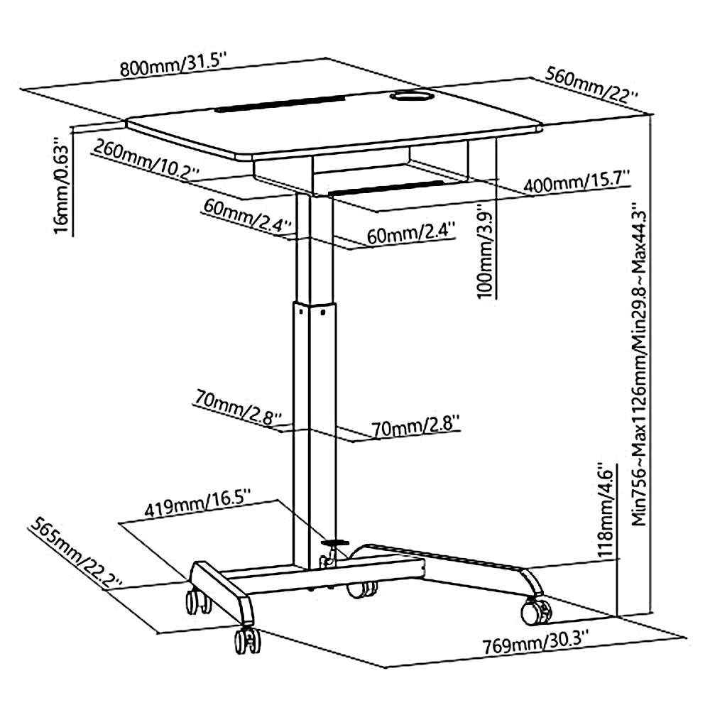 Maclean MC-903W Height Adjustable Workstation Desk with Casters Drawer Laptop Sit Stand Desk 113cm max. 8kg White