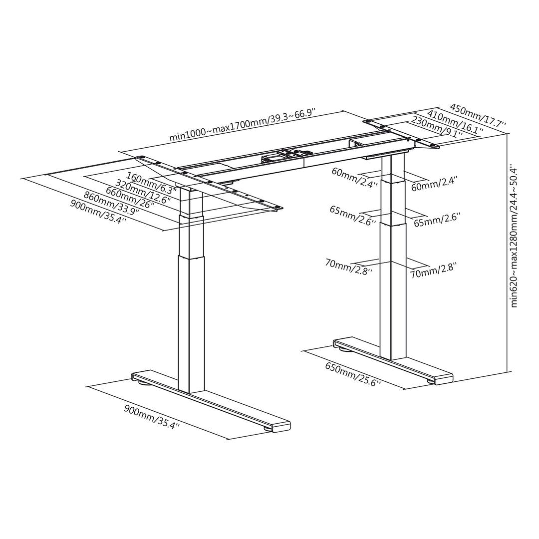 Ergo Office corner electric desk without top, for standing and sitting work, max. 125kg max. height 1280mm, ER-432