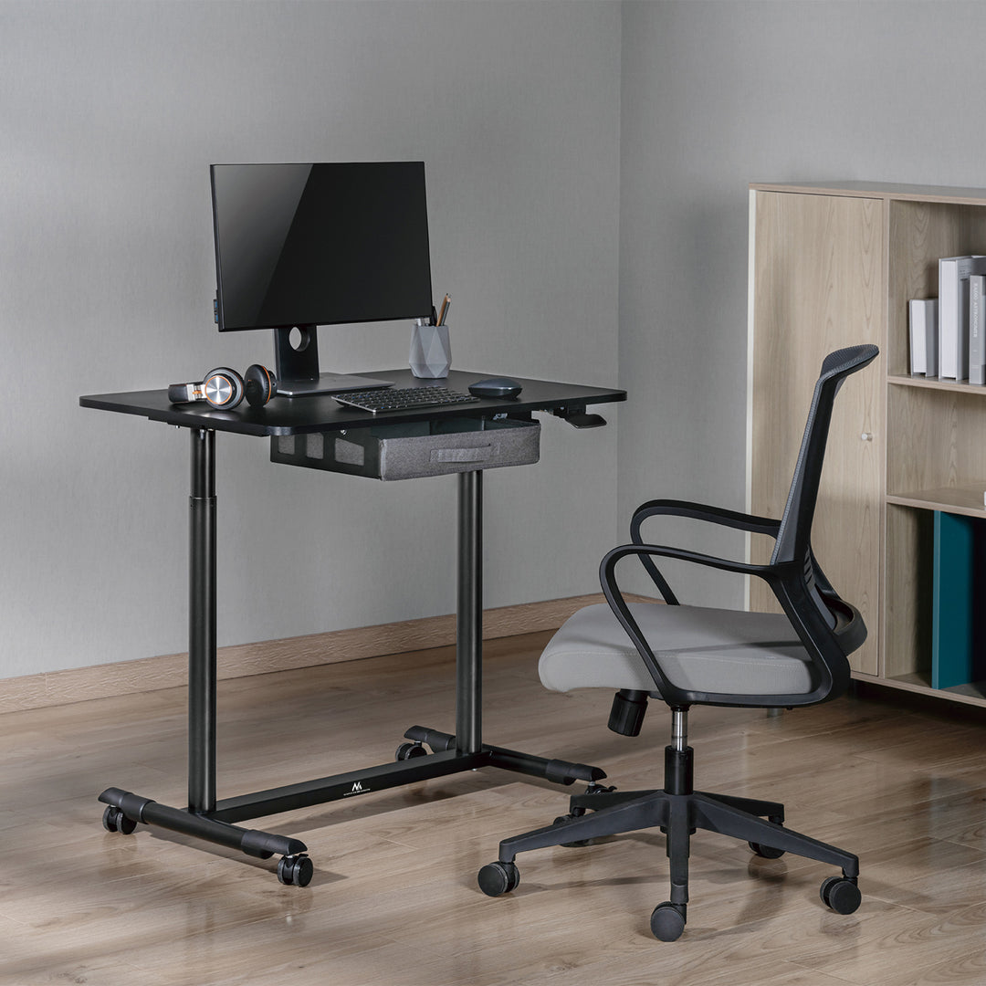 Maclean MC-925 Sitz-Steh-Schreibtisch Pneumatisch höhenverstellbarer Bürotisch mit Schublade und Rollen Ergonomischer Schreibtisch 91,5x56cm