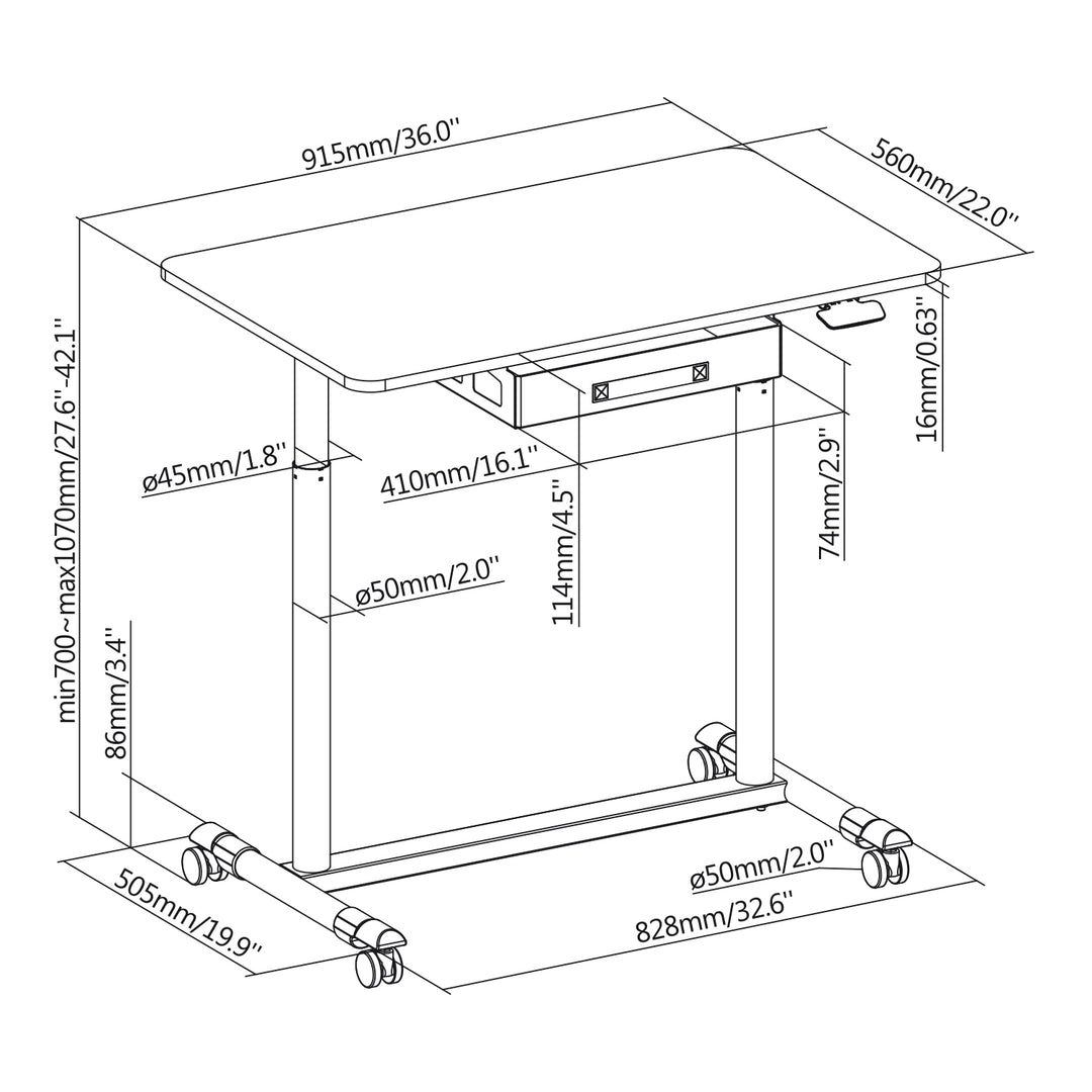 Maclean MC-925 Sitz-Steh-Schreibtisch Pneumatisch höhenverstellbarer Bürotisch mit Schublade und Rollen Ergonomischer Schreibtisch 91,5x56cm