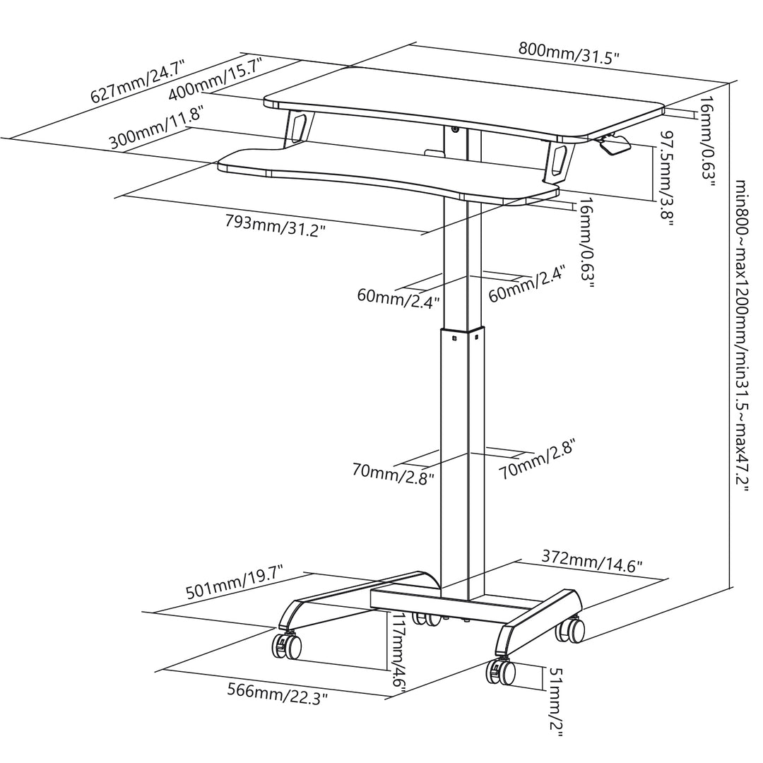 Ergo Office ER-444 B höhenverstellbarer Sitz-Steh-Schreibtisch mit Rollen, Arbeitsplatz mit doppelter Plattform, bis zu 8 kg