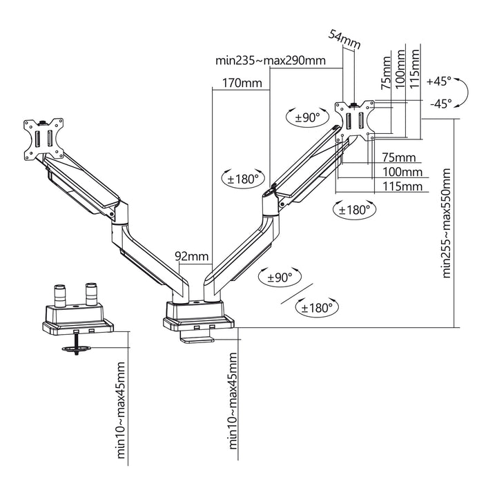 2-fach Monitorhalterung mit Gasdruckfeder Tischhalterung 17-35" schwenkbar neigbar drehbar höhenverstellbar Doppelarm VESA 75x75 100x100 bis 2x15kg