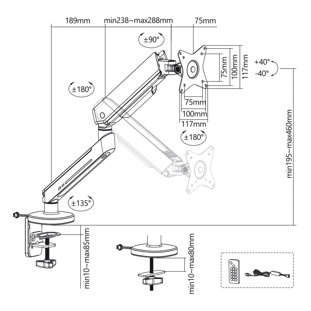 NanoRS Gaming Monitor Mount 17-32" with RGB LED Lighting Desk Mount Height Adjustable Swivel Tilt Max. 9kg VESA 75x75 / 100x100