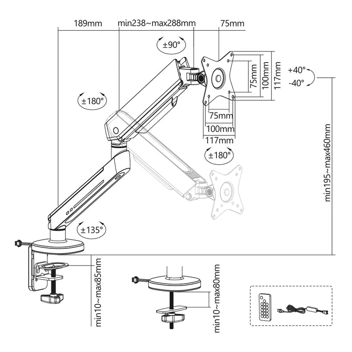 NanoRS Gaming Monitor Mount 17-32" with RGB LED Lighting Desk Mount Height Adjustable Swivel Tilt Max. 9kg VESA 75x75 / 100x100