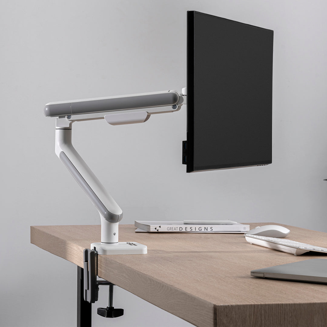 Ergo Office ER-751 Monitor Desk Mount Gas Spring 9kg Adjustable VESA 75x75 100x100 17" - 32" White Silver Clamp Mount Single Arm LED LCD QLED OLED