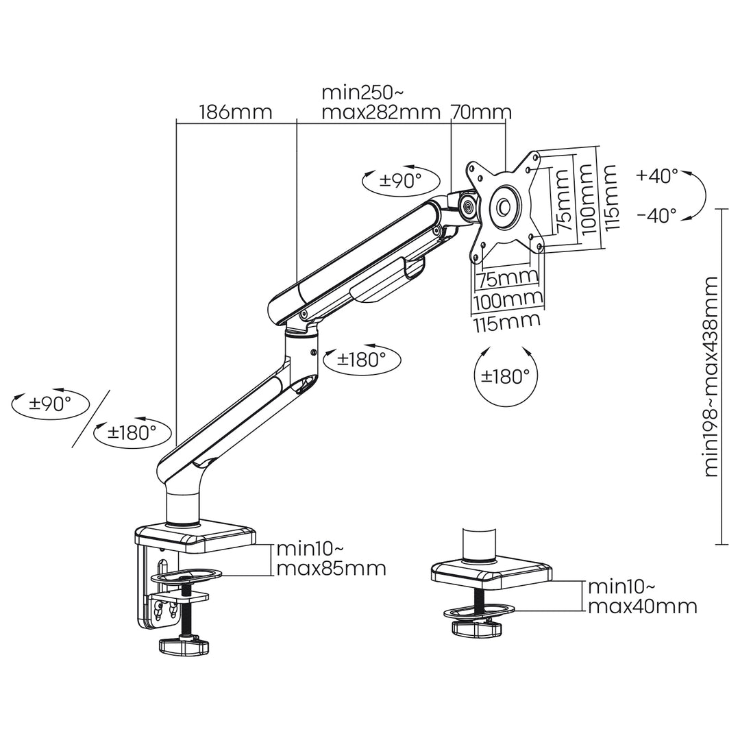 Ergo Office LCD-Monitor-Tischhalterung, Gasfeder, VESA 75 x 75 und 100 x 100, 17–32 Zoll, 9 kg, ER-751