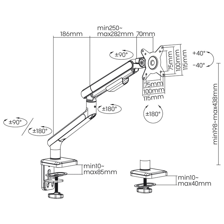 Ergo Office LCD-Monitor-Tischhalterung, Gasfeder, VESA 75 x 75 und 100 x 100, 17–32 Zoll, 9 kg, ER-751