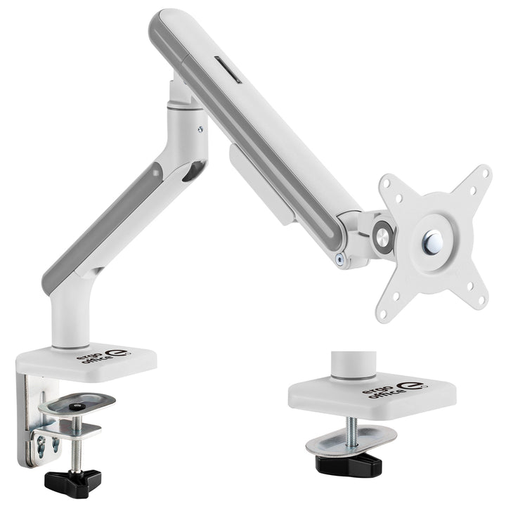 Ergo Office ER-751 Monitor Desk Mount Gas Spring 9kg Adjustable VESA 75x75 100x100 17" - 32" White Silver Clamp Mount Single Arm LED LCD QLED OLED